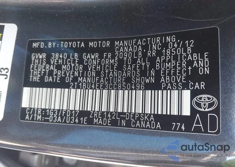 2012 Toyota Corolla S from USA, damaged, VIN 2T1BU4EE3CC850496